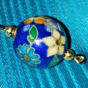 VINTAGE CLOISONNE' FLOWERED PIN HIGHLIGHTED in COBALT BLUE, WHITE and ORANGE